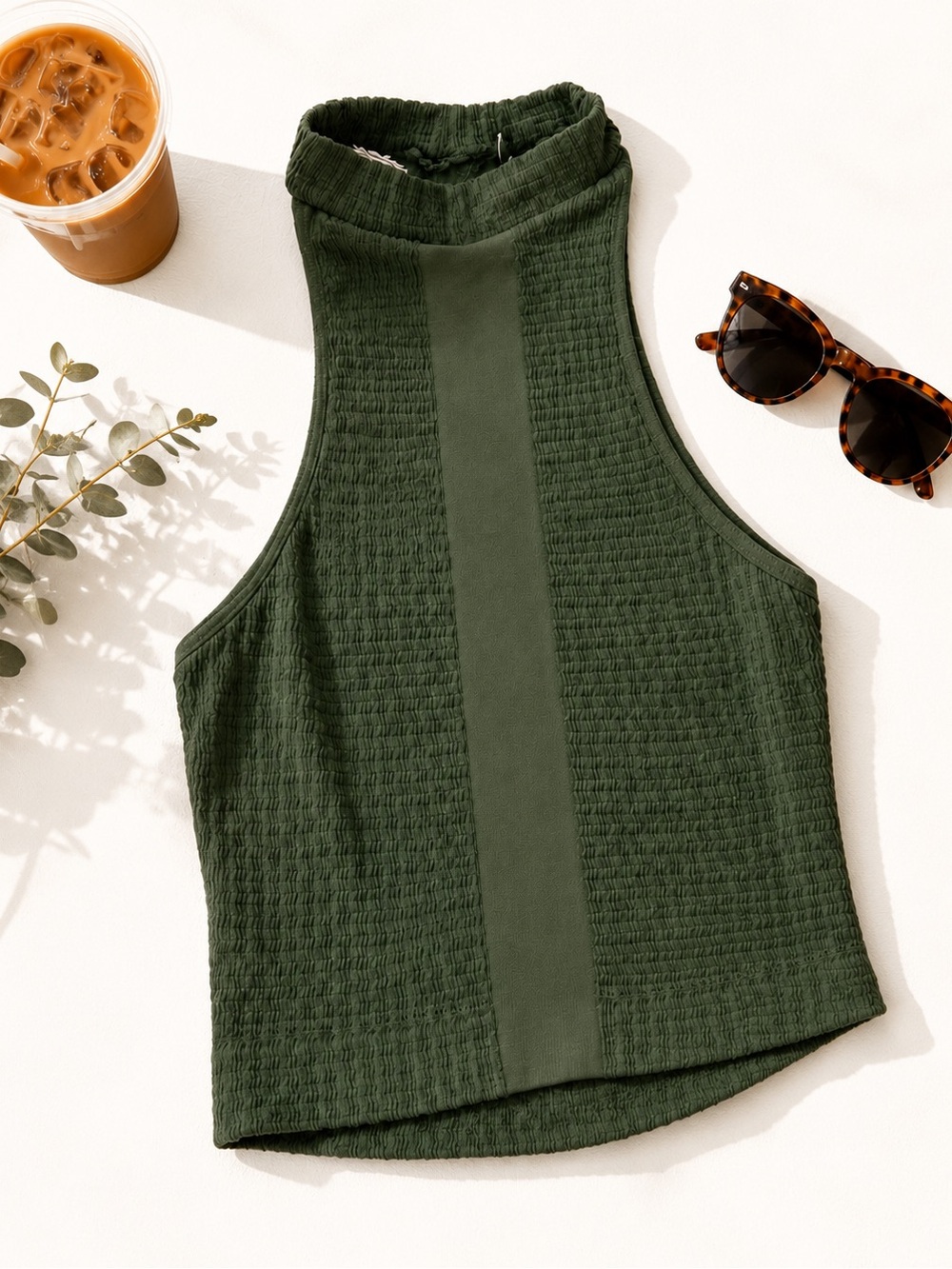 Free People Intimately Olive Green Textured Mock Neck Cropped Tank Top XS/S
